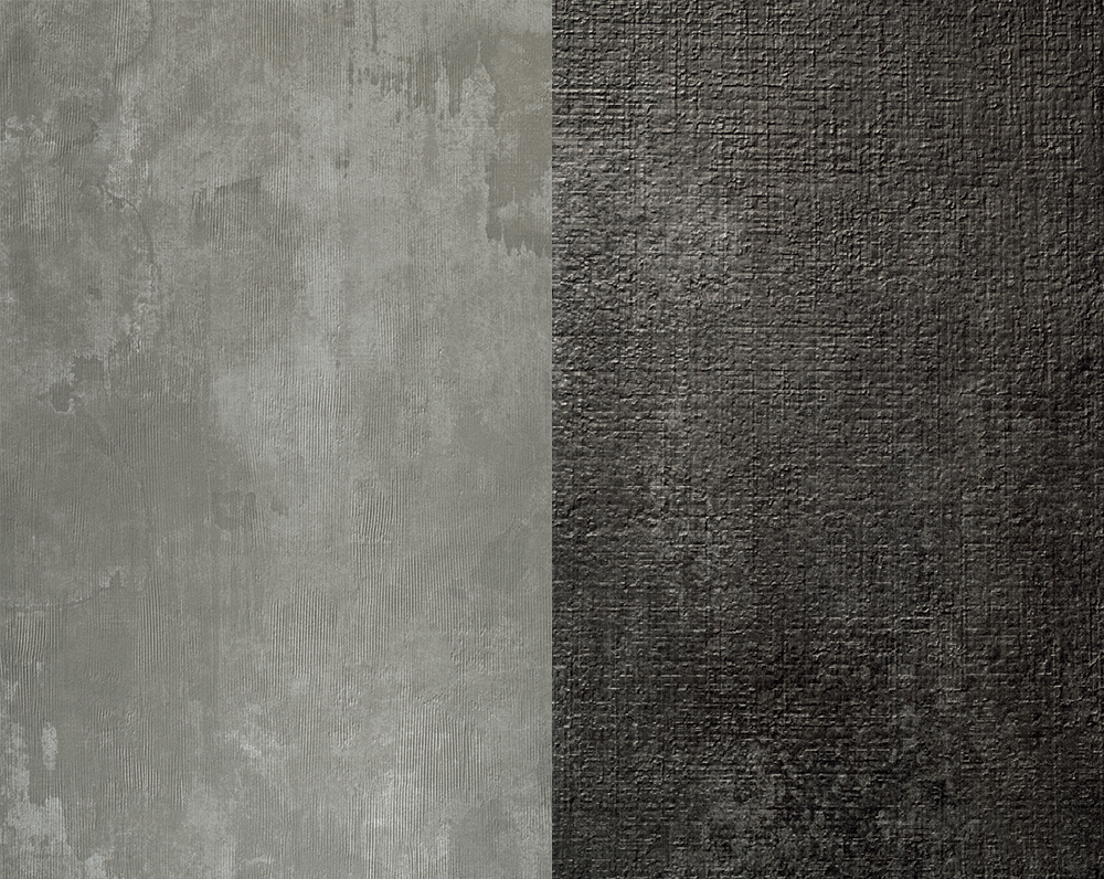 （左）にじみ、ぼかしの技法を表現した「KOTAN グレー」。表面にはくし引き模様。（右）細かな正方形パターンのあられ模様に、経年変化したような深い色が馴染む「KANKAブラック」