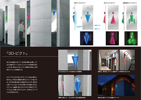 視認性を高め、利用者のストレスを軽減することを目的とした化粧室のサイン提案。ピクトグラムを立体にすることで、壁付けと突き出しの両方の機能を兼ねた発光サインとなる。