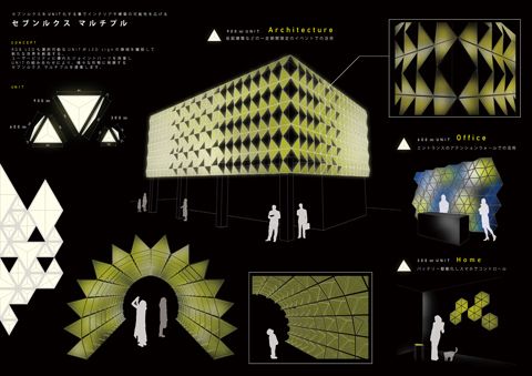 三角形の立体的なユニットの組み合わせにより、LEDの多彩な光で空間を構築する提案。各ユニットを簡単な機構で組み合わせることができるジョイントパーツとともに、仮設空間などでも活用を想定している。