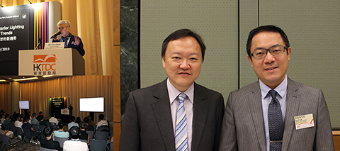 左上／「スモールハウスにおけるライティングのあり方」について公演するTino Kwan氏　左下／セミナーの会場風景　右／香港貿易発展局のRonald Ho氏（左）とByron Lee氏