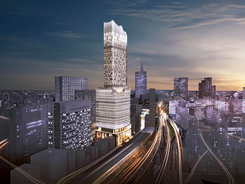 新宿TOKYU MILANO : 東京・新宿歌舞伎町に2022年完成予定の「新宿TOKYU MILANO」は、ホテルや劇場、飲食、物販の全館エンターテインメント空間で構成された高層ビル。永山さんは外装デザインを手掛け、吹き上がる噴水をプリントしたガラスの反射などで表現。波をモチーフにしたオリジナルパターンのアルミキャストでファサードを覆う（画像提供／東急株式会社、株式会社東急レクリエーション）