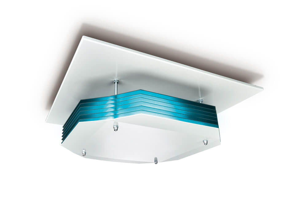 有人環境でも使用できるよう、人の背が届かない天井付近の空気にUV-C光を照射する上層天井取り付けタイプ。壁面取り付けタイプもある