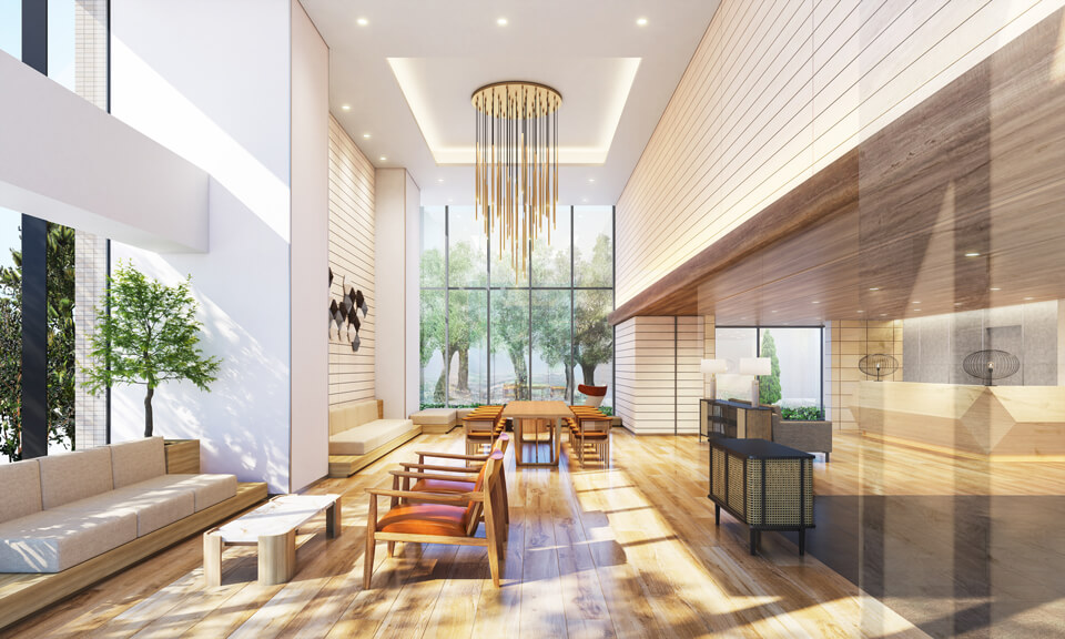 2023年2月、東京・江東に竣工予定の新築分譲マンション「リビオシティ南砂町 ステーションサイト」のイメージパース。パソナ・パナソニック ビジネスサービスによるオフィス向け空間緑化サービス「コモレビズ」を採用したワークスペース、共用キッチンや多目的スタジオ、広々とした中庭、マルシェなどのイベントが開催されるコミュニティースペースなど、この場所ならではの体験が用意されている　※このCGは計画段階の図面をもとに描き起こしたイメージで、実際とは異なります