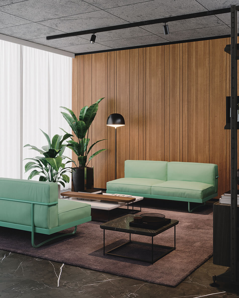 モダンでありながら日本的なスケール感を持つテーブル「TOREI」や、ル・コルビュジエがパリの自宅のリビング用にデザインしたソファ「LC5」が、エグゼクティブの空間に安らぐような雰囲気をもたらす
