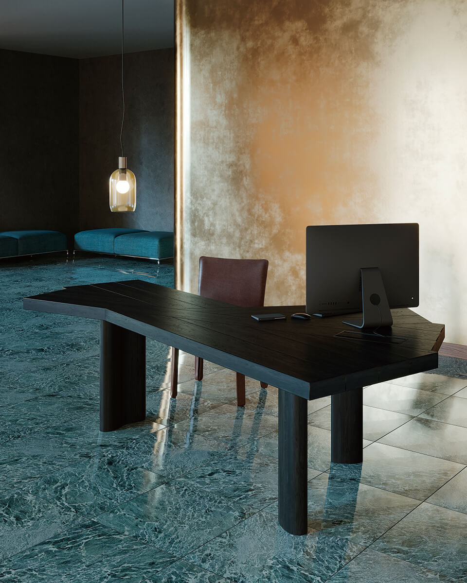 独特な形状の天板の組み合わせにより、空間の用途を拡張させるテーブル「VENTAGLIO」と、モダンな雰囲気を演出するアームレスチェア「CAB」