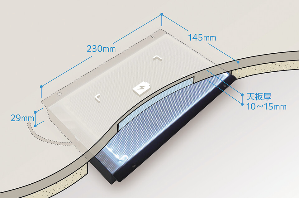 ワイヤレス給電システムには、LED導光板がセットされており充電アイコンが発光する。サイズ：w145×ℓ230×t29㎜、設置スペースは上記以上のサイズが必要（ワイヤレス給電機を使用してオーダーメイドのLEDサインも製作可能、急速充電10W対応）