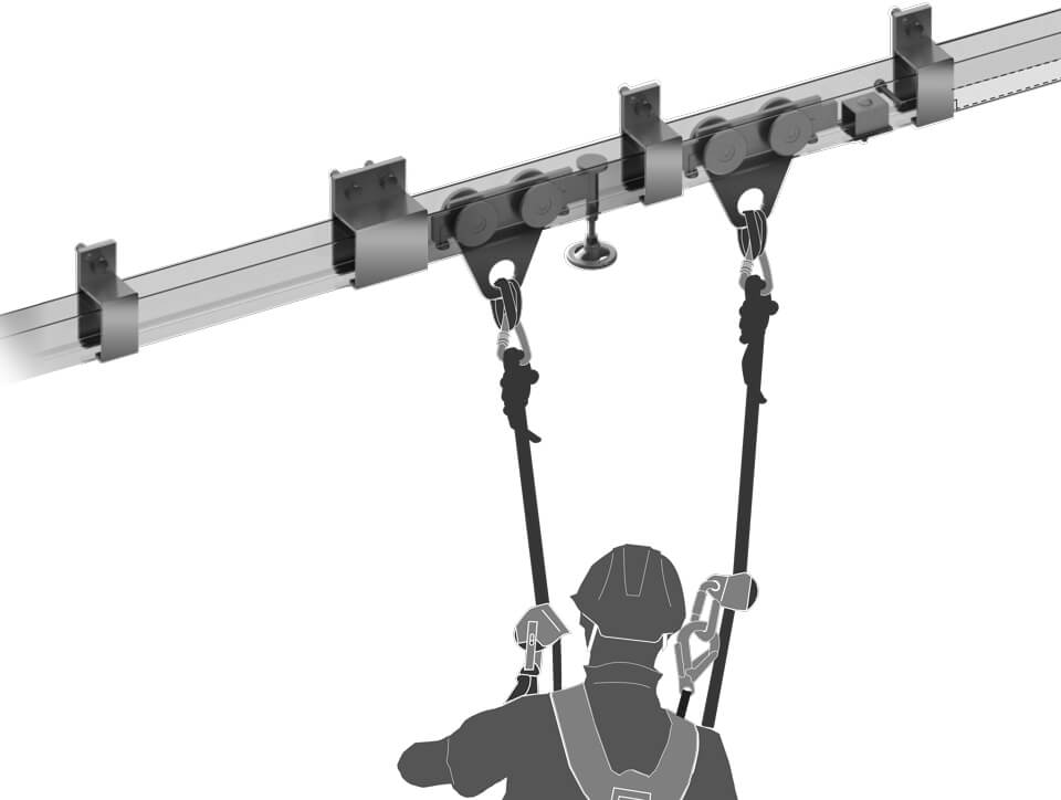 MRA 型は2つのローラ器具を専用のレールに設置することで、スムーズな移動と安定性を実現。ローラ2個吊りあたり500kg の耐荷重。耐久性の高いステンレス製で耐候性も備えている。さらに、建築に調和するよう細かなオーダーに応えて製造・設置される