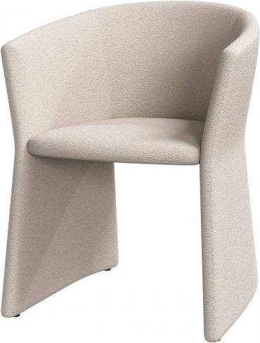 「Volterra with arm」背もたれから脚部まで張りぐるみを採用したイス。ラウンジチェアのようなくつろぎと、ダイニングチェアとしての軽快さを備える。写真のアームありのほか、アームレスも用意（W635×D595×H780）133,900円〜