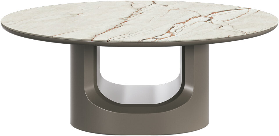 「Volterra Coffe Table」アーチを反転させたような脚部が、建築的な美しさを演出するコーヒーテーブル。天板の素材は木とセラミック、ガラスの3種から選べる。上（W700×D1300×H380）359,900円〜　下（φ990×H380）161,900円〜